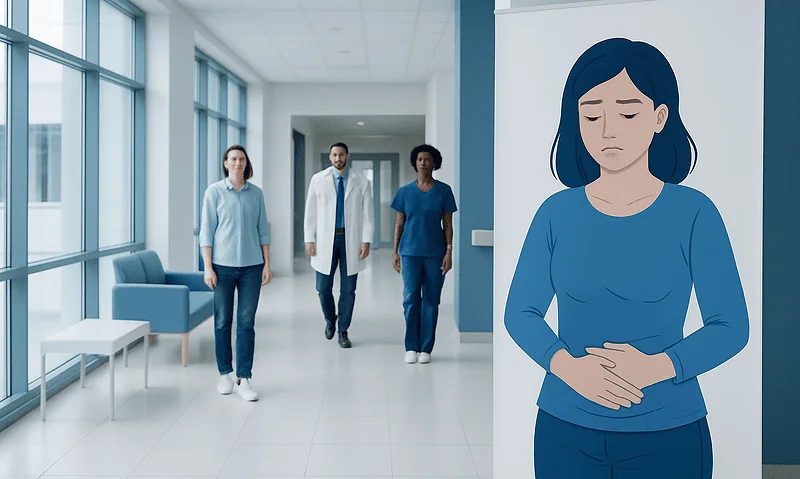 Young woman with stomach pain in hospital corridor with medical staff nearby.