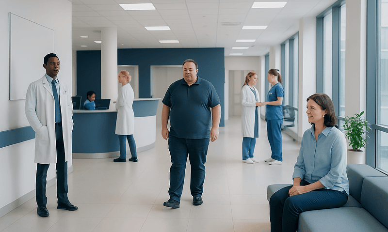 Patients and medical staff in a modern hospital corridor.