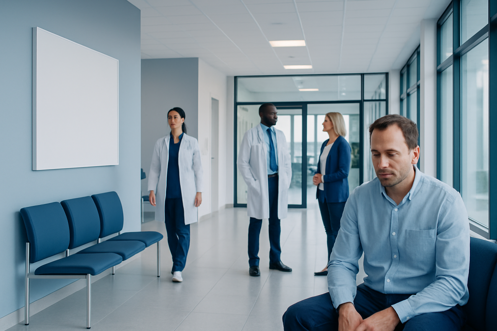 Hormone Imbalance in Men: Symptoms, Causes, and Evaluation 1 Male patient waiting in a modern hospital corridor with medical staff in background.