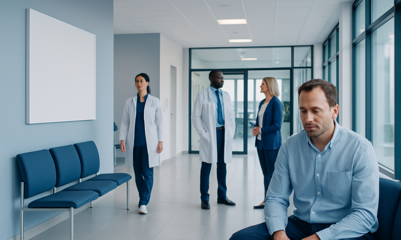 Male patient waiting in a modern hospital corridor with medical staff in background.