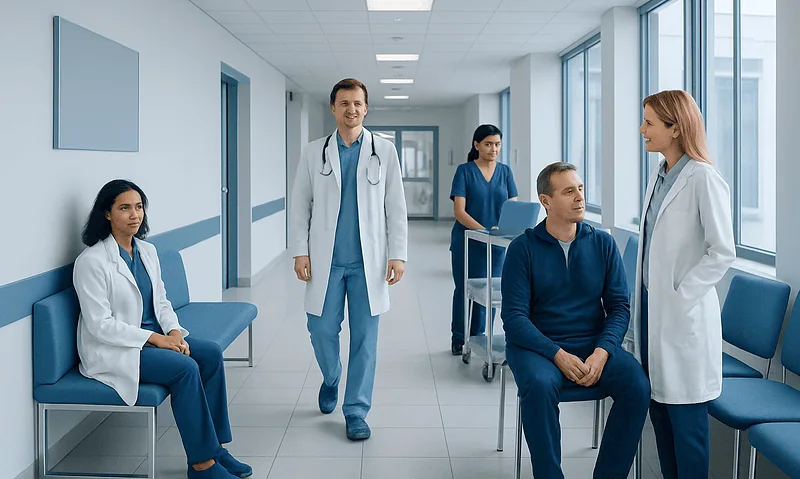 Medical team consulting with patient in hospital corridor.