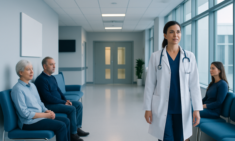 Doctor with patients in a hospital corridor, healthcare setting.