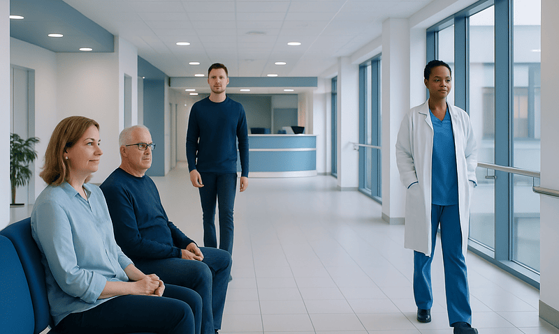 Patients waiting in a hospital corridor with a healthcare professional nearby.