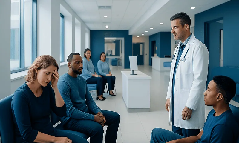 Doctor consulting patients in a hospital waiting area.