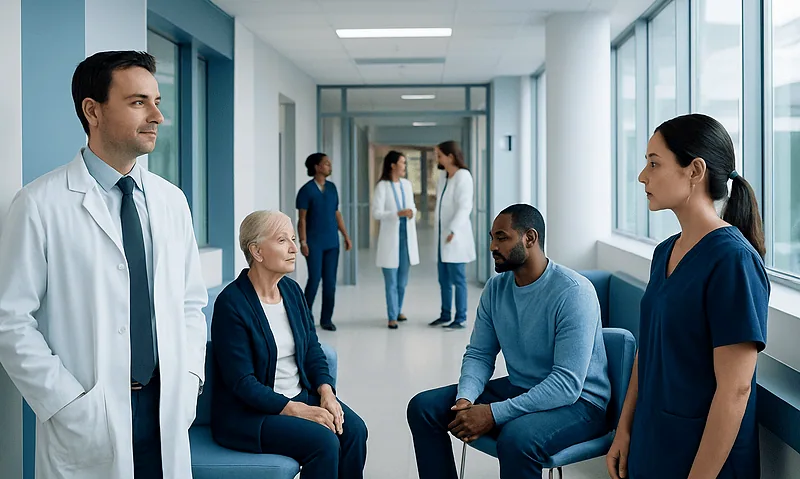 Medical team consulting with a patient in a hospital corridor.