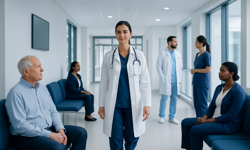 Healthcare professionals and patients in a hospital corridor.