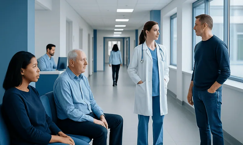 Doctor consulting with patient in hospital corridor at Acibadem Hospitals Group.