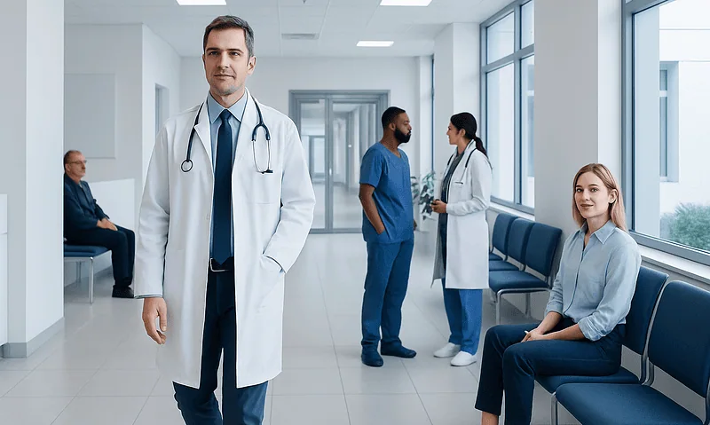 Medical team in hospital corridor with patient waiting area.