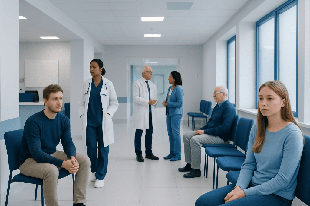 Mononucleosis: Sore Throat, Fatigue, and Recovery Expectations 1 Patients waiting in a hospital corridor with medical staff consulting.