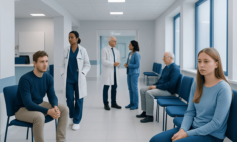 Patients waiting in a hospital corridor with medical staff consulting.