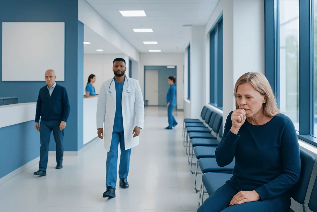 Whooping Cough in Adults: Persistent Cough, Testing, and Prevention 1 Patient coughing in hospital corridor with medical staff nearby.