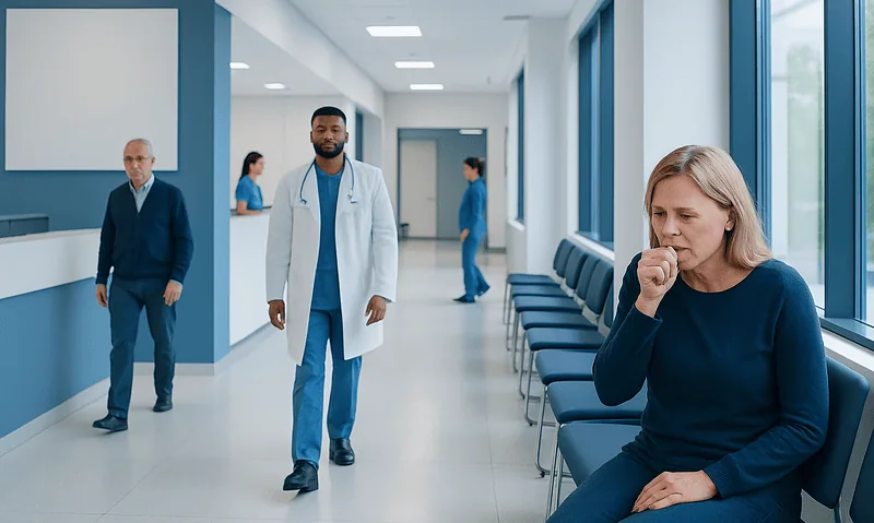 Patient coughing in hospital corridor with medical staff nearby.