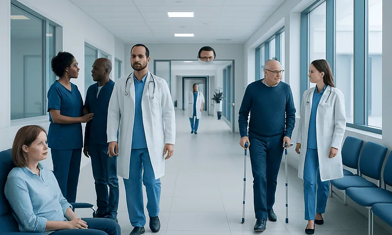 Medical team and patient in hospital corridor at Acibadem Hospitals Group.