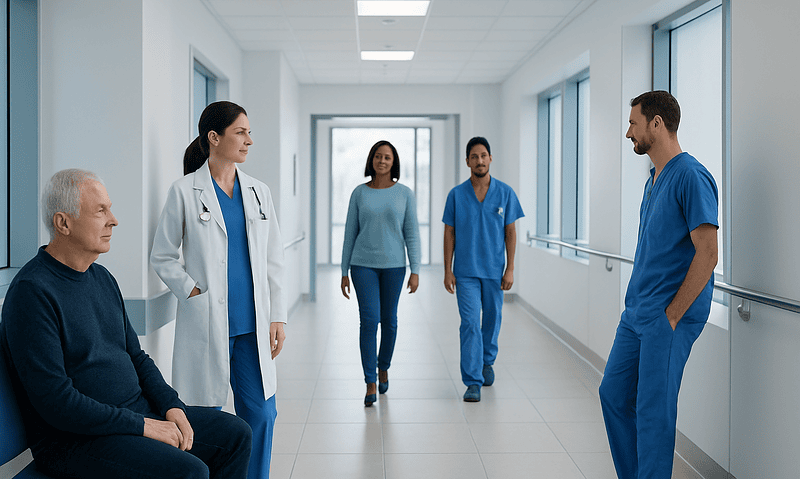 Healthcare professionals and patient in hospital corridor at Acibadem Hospitals Group.
