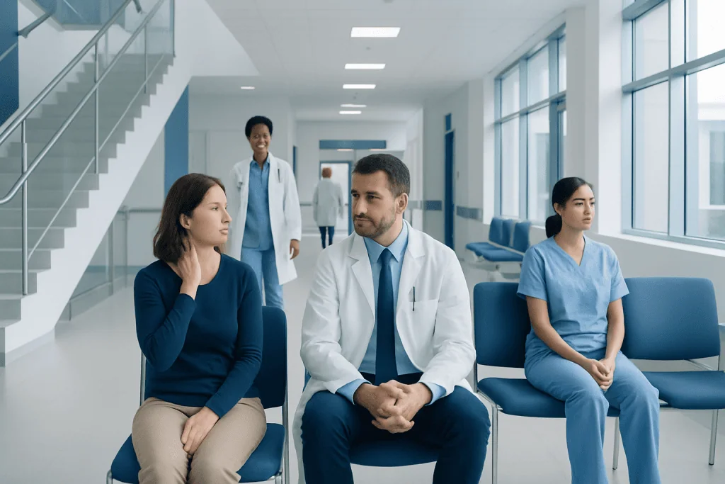 Swollen Lymph Nodes and Infection: Common Causes and When to Worry 1 Patients waiting in a hospital corridor with medical staff present.