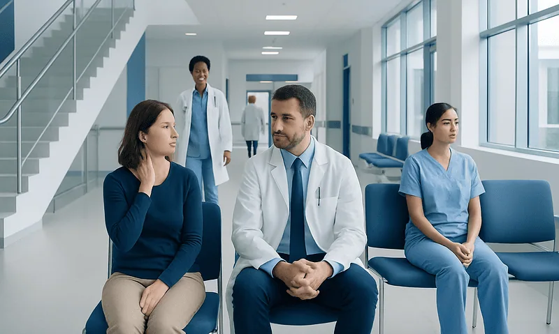 Patients waiting in a hospital corridor with medical staff present.