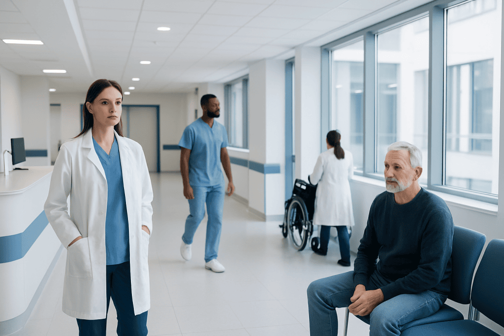 Persistent Infection: Why Symptoms May Not Improve After Treatment 1 Medical staff and patient in a hospital corridor with large windows.
