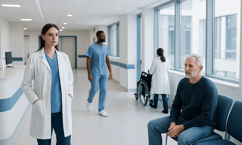 Medical staff and patient in a hospital corridor with large windows.