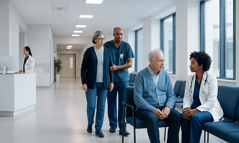 Older adult patient consulting with healthcare professionals in hospital corridor.