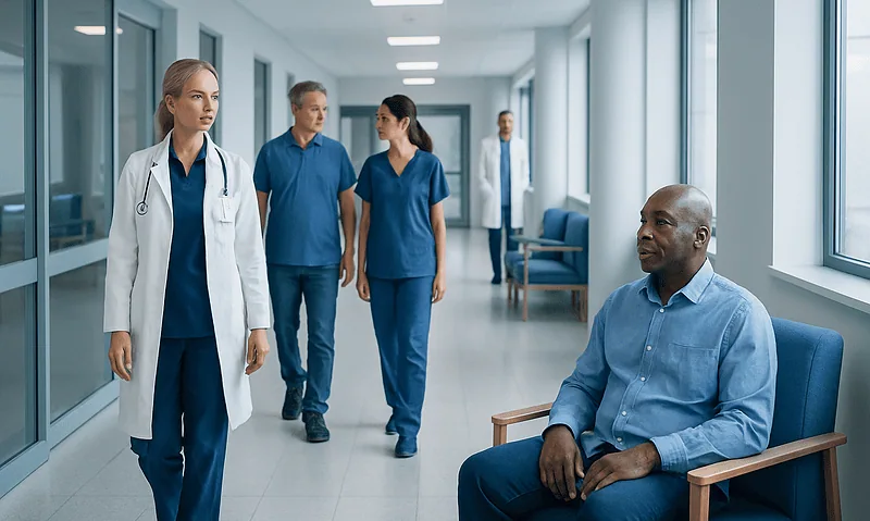 Medical team discussing patient care in hospital corridor.