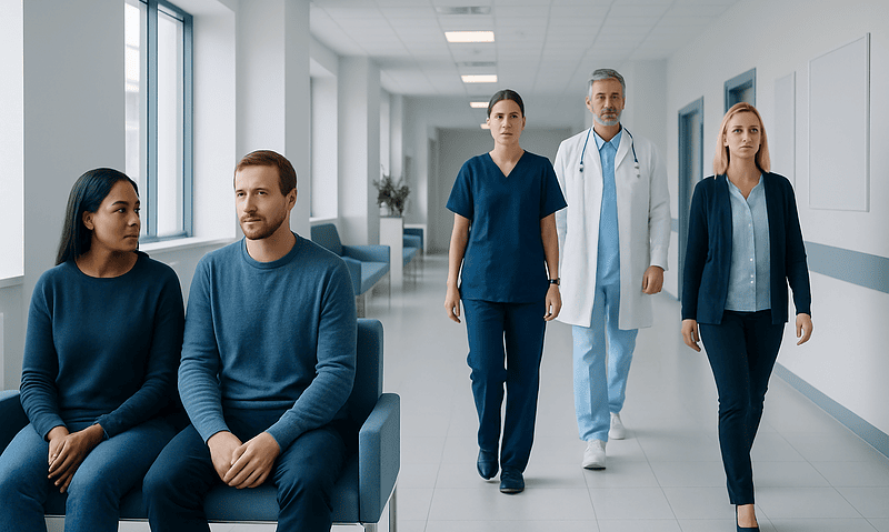 Medical professionals and patients in a hospital corridor at Acibadem Hospitals Group.