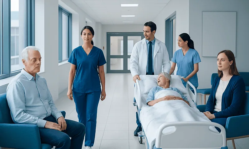 Medical team consulting with patient in hospital room.