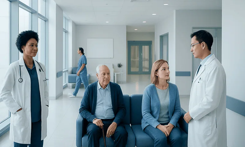 Doctor consulting with elderly patient and companion in hospital corridor.