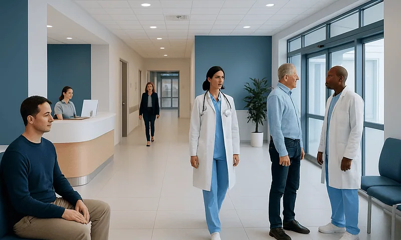 Medical professionals and patients in a hospital corridor at Acibadem Hospitals Group.