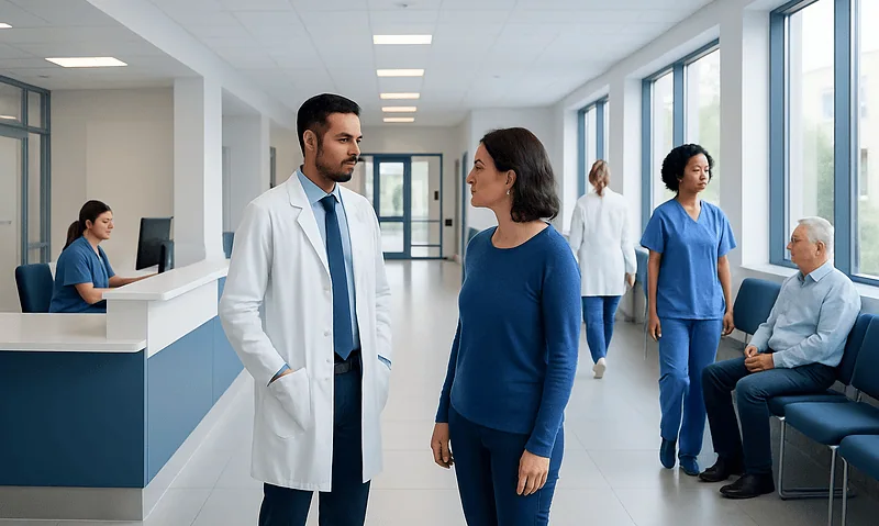 How to Avoid Kidney Stones: Everyday Habits That Lower Risk 7 Doctor talking to a patient in a hospital corridor with staff in the background.