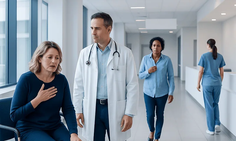 Doctor consulting with a patient in a hospital corridor.