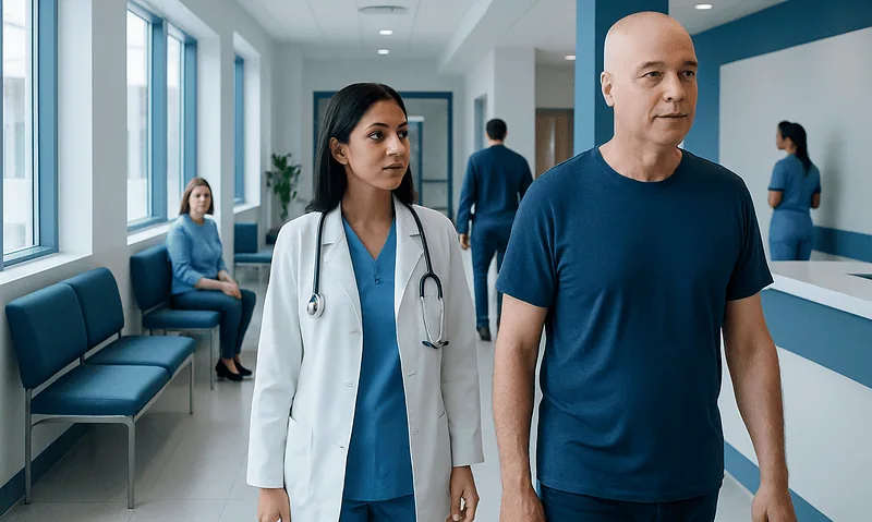 Patient walking with doctor in hospital corridor at Acibadem Hospitals Group.