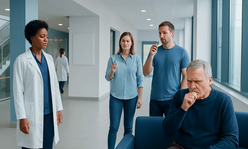 Doctor and patients in a hospital corridor discussing health issues.