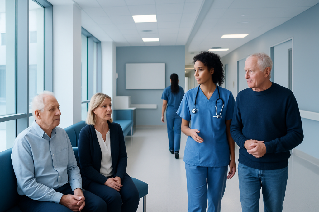 Lung Disease: Early Symptoms, Major Types, and How It Is Diagnosed 1 Doctor consulting elderly patients in hospital corridor.