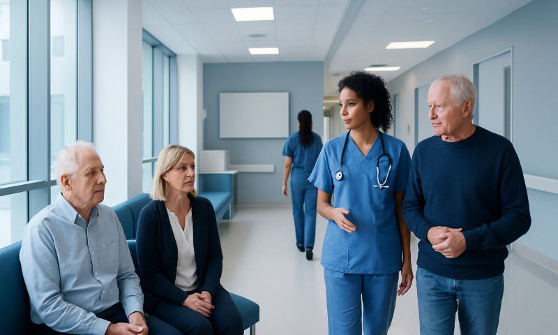 Doctor consulting elderly patients in hospital corridor.