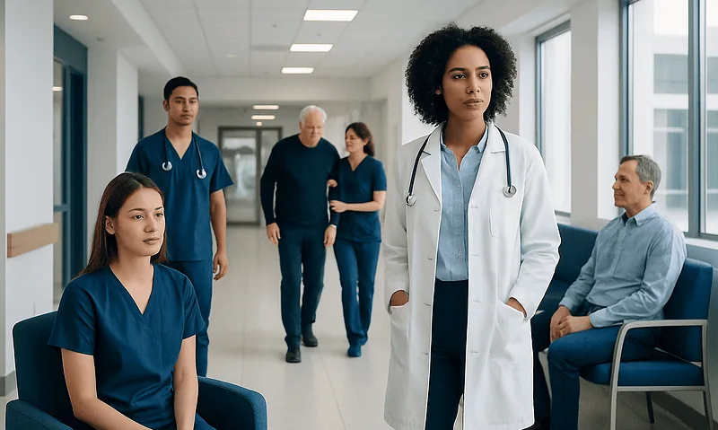 Diverse medical team in hospital corridor with patients and staff.