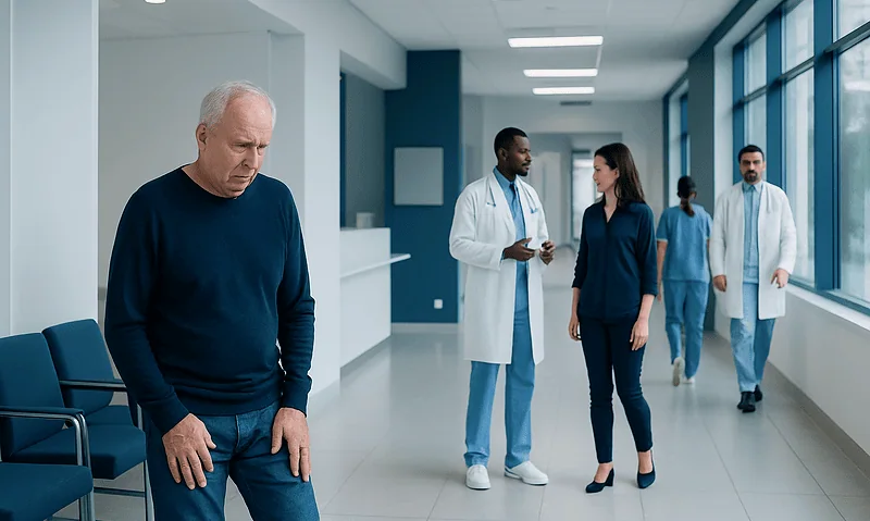 Elderly man experiencing urinary urgency in hospital corridor.