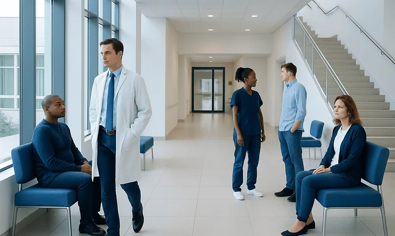 Medical consultation in a modern hospital corridor with diverse staff and patients.