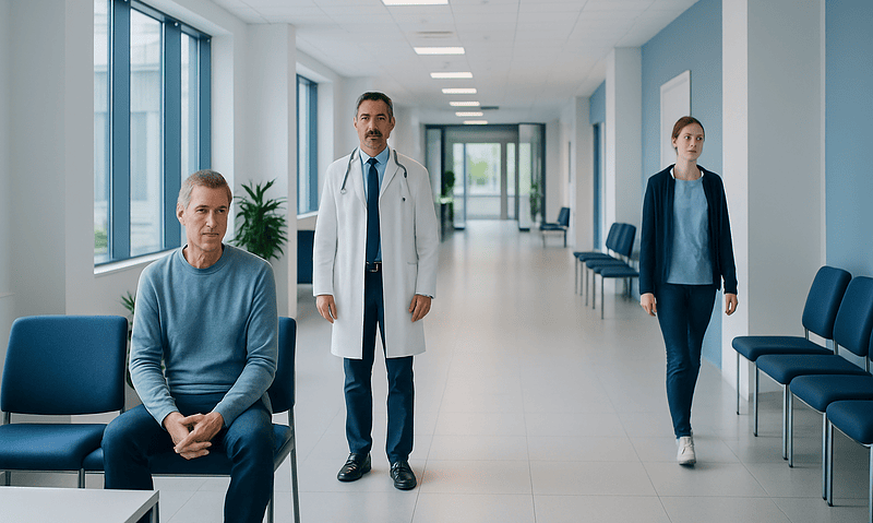 Doctor consulting with male patient in hospital corridor.