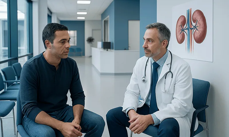 Doctor consulting with patient about hereditary kidney disease in a hospital setting.
