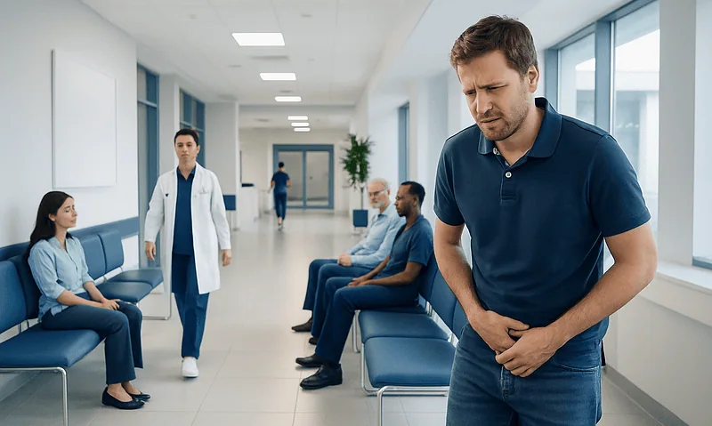 Man experiencing discomfort in a hospital corridor with medical staff nearby.