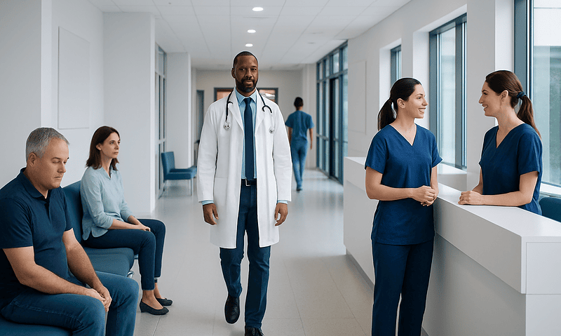 Medical team in hospital corridor with patients and staff.