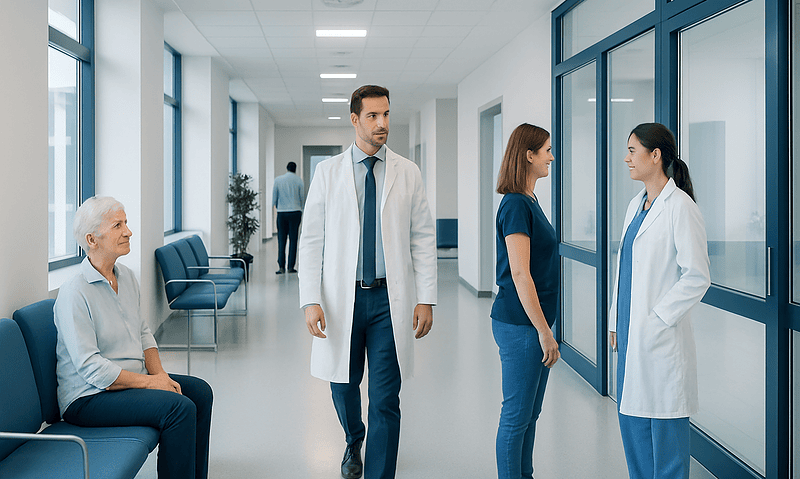 Medical team consulting in hospital corridor with patient.