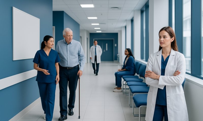 Healthcare professionals and patients in a hospital corridor.