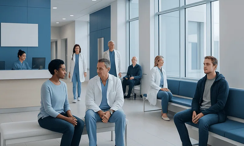 Patients and doctors in a hospital waiting area with large windows and modern design.