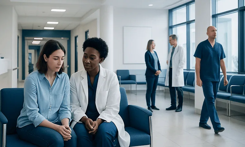 Patients and medical staff in a hospital waiting area at Acibadem Hospitals Group.