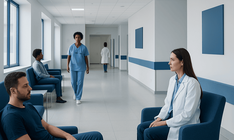 Hospital waiting area with patients and medical staff at Acibadem Hospitals Group.