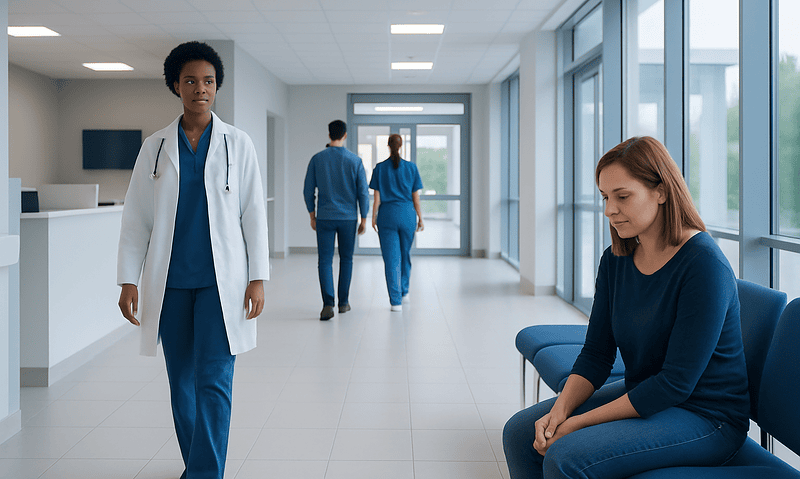 Healthcare professionals and patient in a modern hospital corridor.