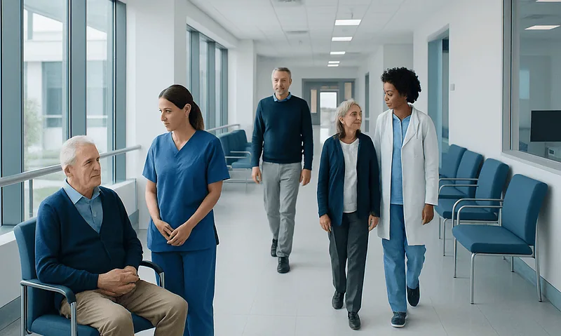Healthcare professionals and patient in a hospital corridor at Acibadem Hospitals Group.