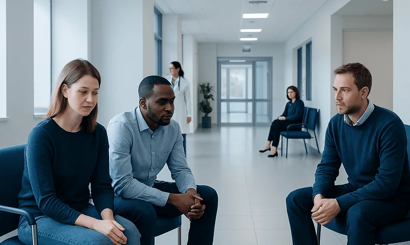 Adults waiting in a mental health clinic for evaluation or therapy sessions.