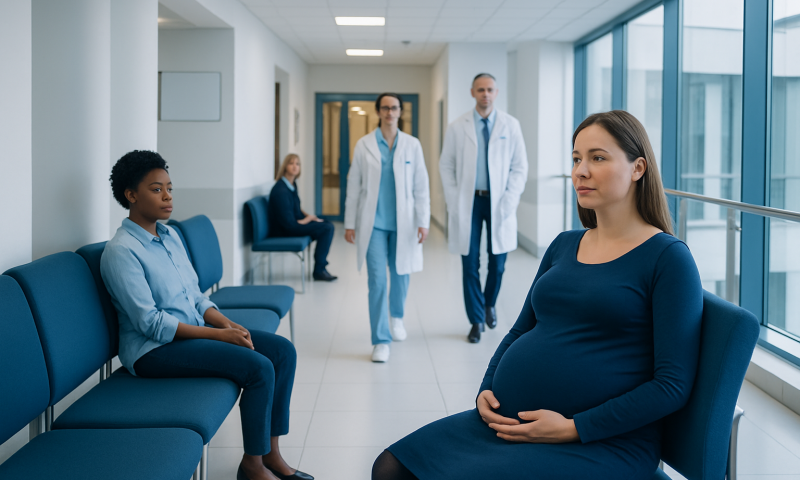Pregnant woman in hospital waiting area with medical staff nearby.